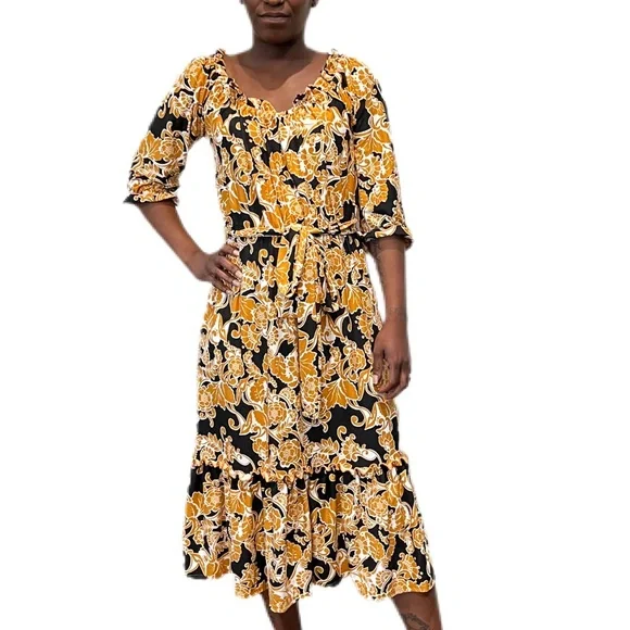 Melissa Masse | Dresses | Melissa Masse Blackmustard Scroll Print Jersey Dress With 34 Sleeves Self Belt | Poshmark Melissa Masse | Dresses | Melissa Masse Blackmustard Scroll Print Jersey Dress With 34 Sleeves Self Belt | Poshmark